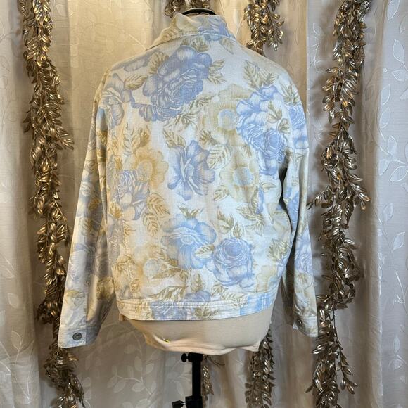 Bill Blass 1X Floral Linen Jacket Women Beige‎ Blue Button Down Y2K Boho - Picture 7 of 14